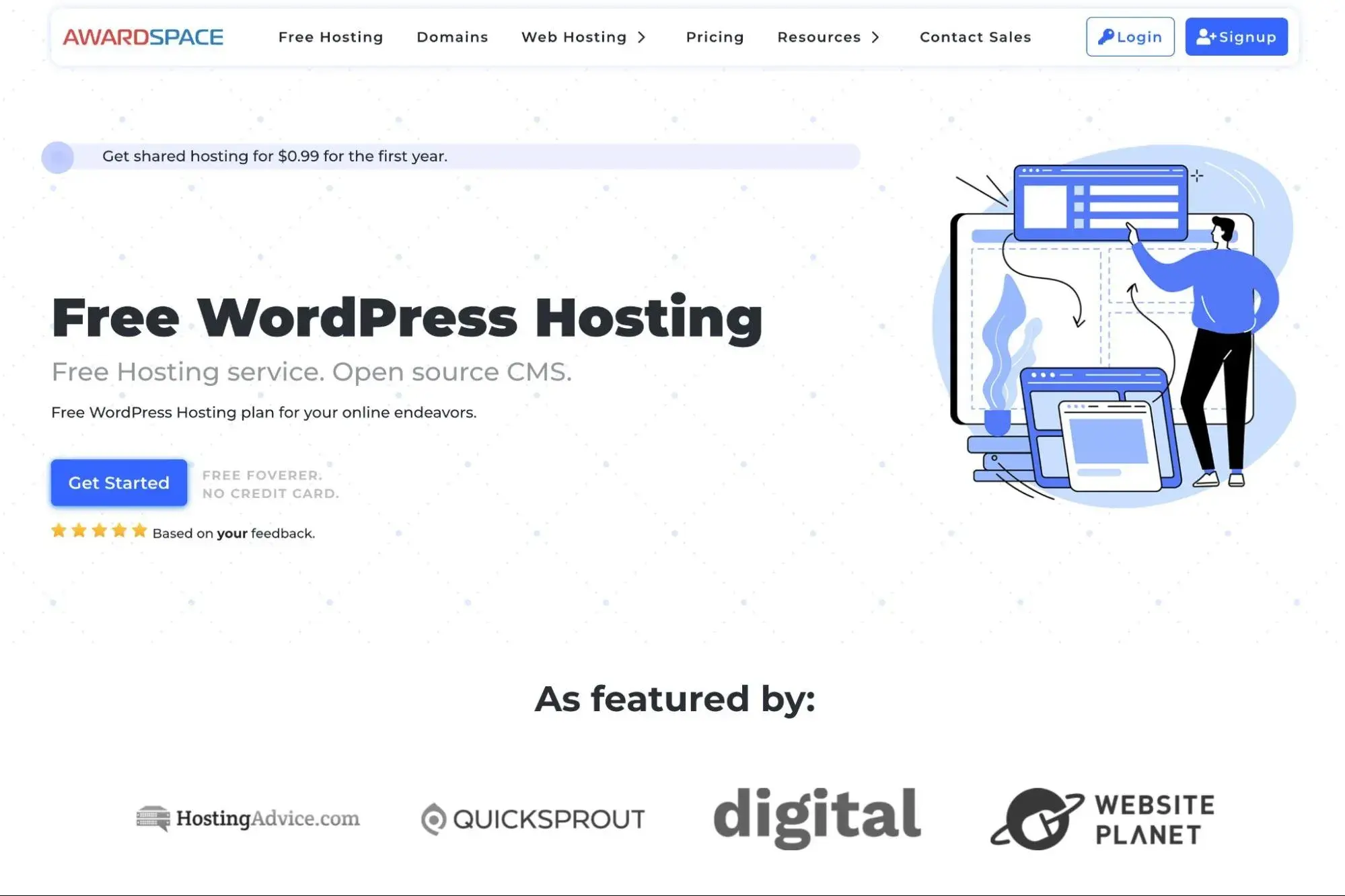 the awardspace free wordpress hosting page